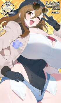 Rule 34 | 1girl, bilingual commentary, black gloves, black leotard, blue shorts, blush, brown eyes, brown hair, brown jacket, character request, commentary, commission, copyright request, cowboy shot, double-parted bangs, english commentary, eyewear on head, gloves, hair between eyes, hand on own hip, hand up, highleg, highleg leotard, highres, jacket, leotard, long hair, long sleeves, looking at viewer, matsumoto tomoyohi, micro shorts, mixed-language commentary, multicolored leotard, one eye closed, open clothes, open jacket, open mouth, shorts, skeb commission, smile, solo, sunglasses, two-tone leotard, v, white leotard, yellow background