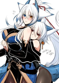 Rule 34 | 2girls, animal ears, blue eyes, blush, breasts, bridal gauntlets, character name, character request, dated, dragon horns, dragon tail, elbow gloves, flying sweatdrops, fox ears, gloves, heterochromia, horns, hug, hug from behind, konshin, large breasts, long hair, multiple girls, orange eyes, orie hakua, orie mitsugi, original, pantyhose, pixiv fantasia, pixiv fantasia new world, red eyes, siblings, signature, simple background, sisters, tail, thighhighs, very long hair, white background, white hair