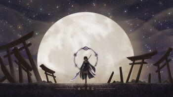 1girl braid commentary_request engulfing_lightning_(genshin_impact) full_body full_moon genshin_impact glowing hair_ornament highres holding holding_polearm holding_weapon japanese_clothes kimono long_braid long_hair looking_at_viewer moon night polearm raiden_shogun shade single_braid sky solo standing star_(sky) starry_sky thighhighs user_wryn8774 weapon