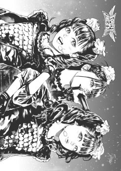 Rule 34 | 3girls, babymetal, copyright name, dated, dress, greyscale, hair behind ear, headset, highres, hiraoka koushi, holding, holding microphone, kikuchi moa, logo, long hair, looking to the side, medium hair, microphone, mizuno yui, monochrome, multiple girls, nakamoto suzuka, open mouth, parted lips, real life, sideways, signature, smile, twintails