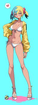 1girl absurdres aqua_background aqua_hair bikini black_mask blonde_hair blue_eyes breasts canari_(pokemon) dark-skinned_female dark_skin eggman_(ni_tamagoex) full_body grin heart highres jacket light_blush long_sleeves looking_at_viewer mask mask_pull medium_breasts mouth_mask multicolored_hair navel nintendo platform_sandals poke_ball pokemon pokemon_legends:_z-a quick_ball sandals short_twintails simple_background smile solo split-color_hair spoken_heart stomach swimsuit twintails two-tone_mask white_bikini yellow_jacket yellow_mask