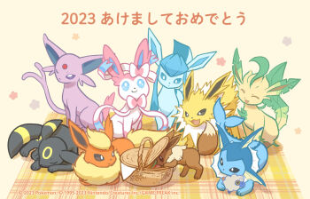 Rule 34 | 2023, :3, :o, artist request, closed eyes, closed mouth, commentary request, company name, copyright name, copyright notice, dot mouth, dot nose, eevee, espeon, flareon, food, forehead jewel, gen 1 pokemon, gen 2 pokemon, gen 4 pokemon, gen 6 pokemon, glaceon, holding, holding toy, jolteon, leafeon, mareep, nintendo, official art, one eye closed, picnic basket, pokemon, pokemon (creature), pokemon focus, second-party source, simple background, sleeping, smile, sylveon, toy, translation request, umbreon, vaporeon, white background