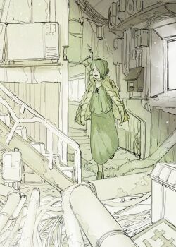 Rule 34 | 1girl, blouse, building, character request, choker, collared jacket, commentary request, fujimoto tatsuki, full body, hair over one eye, industrial pipe, jacket, long skirt, long sleeves, loose wires, monochrome, one eye covered, open clothes, open jacket, open mouth, padded jacket, satsubatsu sekai, shirt, shirt ribbon, shoes, short hair, skirt, solo, stairs, walking, window, wire