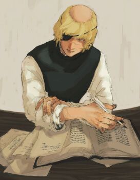 Rule 34 | 1boy, badeni, black tabard, black tunic, blonde hair, book, chi.: chikyuu no undou ni tsuite, commentary request, eyepatch, holding, holding quill, ink on clothes, ink on hands, male focus, mede teru, medium hair, open book, quill, scar, scar on arm, scar on face, scar on mouth, scar on nose, sitting, sleeves pushed up, solo, tabard, tonsure, tunic
