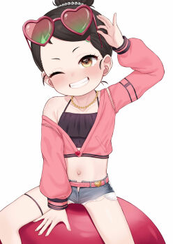 1girl arm_up atg_(wttoo0202) becky_blackbell belt black_hair blush brown_eyes camisole collarbone crop_top denim denim_shorts eyewear_on_head flat_chest grin hair_bun hair_ornament heart heart-shaped_eyewear highres jacket jewelry loli long_sleeves looking_at_viewer midriff navel necklace off_shoulder one_eye_closed pink-framed_eyewear pink_belt pink_jacket puffy_long_sleeves puffy_sleeves short_hair short_shorts shorts simple_background single_bare_shoulder single_hair_bun sitting smile solo spy_x_family stomach sunglasses teeth thigh_strap white_background yellow_eyes