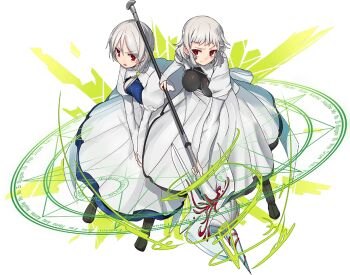 Rule 34 | 2girls, boots, bow, breasts, dress, fate (series), framed breasts, hair tie, halberd, juliet sleeves, kai-ri-sei million arthur, katsudansou, large breasts, leysritt (fate), long dress, long sleeves, million arthur (series), multiple girls, official art, polearm, puffy sleeves, red eyes, sella (fate), short hair, source request, third-party source, wavy hair, weapon, white hair