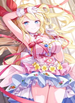 Rule 34 | 1girl, armpits, battle spirits, blonde hair, blue eyes, bracelet, breasts, cleavage, closed mouth, commentary request, detached collar, dress, flower, gloves, hair flower, hair ornament, hair rings, haundo b, highres, jewelry, large breasts, light smile, looking at viewer, lying, on back, pearl bracelet, pink dress, rei ooba, solo, v, v over head, white gloves
