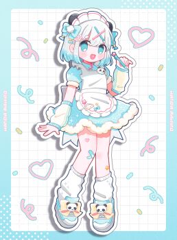 Rule 34 | 1girl, :3, :d, apron, arm warmers, blue border, blue dress, blue eyes, blue hair, blue shoes, blush stickers, border, character name, commentary request, dress, drop shadow, frilled apron, frills, full body, fur-trimmed dress, fur-trimmed sleeves, fur trim, gradient hair, hair ornament, heart, highres, holding, holding pen, looking at viewer, loose socks, maid headdress, multicolored hair, open mouth, original, outline, outside border, pen, pochirou (ponpoc), shoes, short hair, short sleeves, smile, sneakers, socks, solo, standing, two-tone hair, white apron, white background, white hair, white outline, white socks, x hair ornament