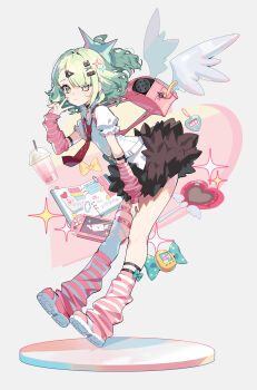 Rule 34 | 1girl, :t, absurdres, arm warmers, bag, bandaid, bandaid hair ornament, black skirt, blush, closed mouth, earrings, green eyes, green hair, hair ornament, hand on own thigh, heisei retro, highres, jewelry, leg warmers, looking at viewer, multicolored leg warmers, multiple hair clips, multiple thigh straps, necktie, one side up, pink arm warmers, pink bag, pink leg warmers, red necktie, shirt, shoes, single thighhigh, skirt, sneakers, solo, striped arm warmers, striped leg warmers, sunna (zenless zone zero), thigh strap, thighhighs, torn clothes, torn thighhighs, two-tone leg warmers, v, white shirt, white thighhighs, winged bag, wings, y2k fashion, yotte, zenless zone zero