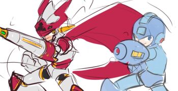 2boys arm_cannon armor armored_boots blue_armor boots cape clenched_hand cosplay danyhu16 digimon digimon_(creature) digital_hazard dukemon dukemon_(cosplay) full_body helmet knee_boots knee_pads looking_at_viewer male_focus mega_man_(character) mega_man_(series) multiple_boys red_armor red_cape shoulder_armor simple_background smile solo two-tone_armor weapon white_armor white_background white_helmet winged_helmet yellow_eyes