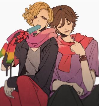 2boys ankh_(ooo) asymmetrical_sleeves blonde_hair brown_hair closed_eyes food food_in_mouth gauntlets grey_shirt hand_up highres hino_eiji holding holding_food holding_popsicle kamen_rider kamen_rider_ooo_(series) long_sleeves looking_at_viewer lower_teeth_only male_focus multiple_boys open_mouth p_(puddingummy) pants pink_scarf popsicle popsicle_in_mouth purple_shirt red_eyes red_pants red_scarf scarf shirt short_hair short_sleeves simple_background single_gauntlet teeth upper_teeth_only v-neck white_background
