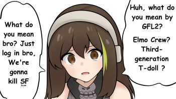 Rule 34 | 1girl, bandana, bandana around neck, brown eyes, brown hair, girls' frontline, green streaks, hair between eyes, long hair, looking at viewer, m4a1 (girls' frontline), mask, multicolored hair, open mouth, print bandana, print collar, print mask, skull print, streaked hair, yuga pratama
