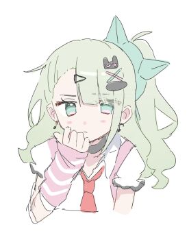 1girl black_choker blush chinatsu_remiel choker closed_mouth cropped_torso earrings green_eyes green_hair hair_ornament hairclip highres jewelry looking_at_viewer moe_nayo musical_note_earrings necktie pink_arm_warmers ponytail red_necktie shirt simple_background solo striped_arm_warmers white_background white_shirt x_hair_ornament zenless_zone_zero