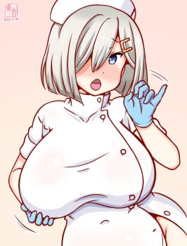 1girl artist_logo blue_eyes blue_gloves breasts commentary_request cowboy_shot dated dress fellatio_gesture gloves gradient_background grey_hair hair_over_one_eye hamakaze_(kancolle) hat in_heat kanon_(kurogane_knights) kantai_collection large_breasts logo naughty_face nurse nurse_cap open_mouth oral_invitation pink_background selfie short_hair solo tongue tongue_out white_dress white_hat