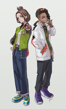 1boy 1girl bell-bottoms belt black_hair blue_pants breasts brown_hair closed_mouth collared_shirt commentary_request dark-skinned_male dark_skin full_body green_jacket green_necktie grey_eyes hand_in_pocket harmony_(pokemon) highres holding holding_poke_ball jacket long_hair long_sleeves looking_at_viewer naveen_(pokemon) necktie nintendo open_clothes open_jacket orange_sweater_vest orange_vest pants poke_ball poke_ball_(basic) pokemon pokemon_legends:_z-a purple_eyes shirt shoes short_hair simple_background smile sub_prnk sweater_vest vest white_jacket white_shirt