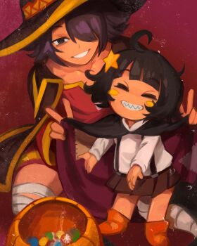 2girls absurdres ahoge bandaged_leg bandages black_hair blush_stickers candy cape commentary cosplay dress english_commentary closed_eyes food hair_ornament hair_over_one_eye halloween halloween_bucket halloween_costume hat highres khyle. komekko komekko_(cosplay) kono_subarashii_sekai_ni_shukufuku_wo! looking_at_viewer megumin megumin_(cosplay) multiple_girls original patchwork_clothes red_dress sharp_teeth short_hair simple_background skirt smile star_(symbol) star_hair_ornament suspender_skirt suspenders teeth witch_hat