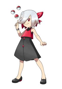 1girl 2026 absurdres bare_legs black_dress black_shoes bow bracelet child colored_inner_hair commentary crossover dress english_commentary female_focus flats hair_bow hair_flaps highres jewelry juggling multicolored_hair nintendo poke_ball poke_ball_(basic) pokemon red_bow red_eyes red_hair red_shirt sage_(sonic) sega shirt shoes simple_background sleeveless sleeveless_shirt solo sonic_(series) swirl telekinesis thenovika two-tone_hair white_background white_hair