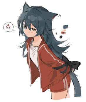 1girl anger_vein animal_ears black_hair blush brown_eyes closed_mouth cowboy_shot hair_between_eyes jacket long_hair long_sleeves look_4rt looking_at_viewer open_clothes open_jacket original red_jacket shorts simple_background solo tail white_background wolf_ears