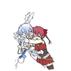 &gt;_&lt; 2girls :o ^^^ animal_ears animated arm_cuffs ascot belt bent_over black_gloves black_legwear black_leotard blue_hair blush braid breasts brooch carrot_hair_ornament cleavage closed_eyes closed_mouth covered_navel cowboy_shot cropped_jacket don-chan_(usada_pekora) dress exhausted food-themed_hair_ornament fur_scarf gloves hair_ornament hair_ribbon hands_on_own_knees heart heart_in_mouth heavy_breathing heterochromia hololive homura_(hmr0222) houshou_marine hug jacket jewelry kiss leotard leotard_under_clothes light_blue_hair long_hair looking_at_another medium_breasts milestone_celebration miniskirt multicolored_hair multiple_girls open_mouth pleated_skirt puckered_lips rabbit_ears rabbit_girl red_ascot red_eyes red_hair red_jacket red_ribbon red_skirt ribbon running see-through_clothes see-through_leotard simple_background skirt sleeveless sleeveless_jacket small_breasts speech_bubble strapless strapless_dress surprise_kiss surprised sweatdrop tackle thick_eyebrows thighhighs twin_braids twintails two-tone_hair two-tone_skirt usada_pekora usada_pekora_(1st_costume) video virtual_youtuber w waving white_background white_dress white_gloves white_hair white_skirt yellow_eyes yuri