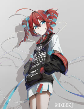 1girl absurdres black_hoodie blue_hair blush closed_mouth colored_inner_hair detached_sleeves drill_hair hands_in_pockets highres hood hoodie hxbdzj kasane_teto long_hair looking_at_viewer multicolored_hair red_eyes red_hair shirt short_sleeves sidelocks solo t-shirt twin_drills two-tone_hair utau white_shirt