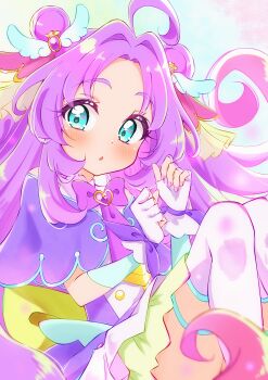 1girl :o absurdres ahoge akechi_anna blue_eyes bow bowtie brooch capelet commentary cure_answer double_bun dress fingerless_gloves gloves gradient_hair hair_bun hair_intakes hair_ornament heart heart_brooch highres jewelry layered_gloves long_hair looking_at_viewer magical_girl meitantei_precure! multicolored_hair open_mouth pink_bow pink_bowtie pink_hair precure purple_capelet purple_dress purple_hair short_dress sitting solo sugimura_mickey thighhighs white_gloves white_thighhighs wing_hair_ornament
