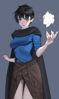 absurdres black_cape black_hair blue_shirt breasts brown_pants cape cryokinesis grey_background grey_eyes highres looking_at_viewer magic medium_breasts ori_dal original pants shirt short_hair spell