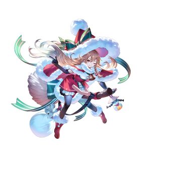 1girl alternate_costume bell black_gloves black_pantyhose blonde_hair boots bow box braid broom broom_riding cape closed_mouth dress elbow_gloves full_body fur-trimmed_boots fur-trimmed_cape fur-trimmed_headwear fur_trim game_cg gift gift_box gloves green_bow hair_bow hat hat_bow highres kirisame_marisa long_hair looking_at_viewer neck_bell non-web_source official_art one_eye_closed pantyhose red_boots red_bow red_cape red_dress red_hat sack santa_costume santa_hat second-party_source side_braid single_braid smile solo star_(symbol) touhou touhou_gensou_eclipse transparent_background two-tone_bow u_u_zan very_long_hair white_bow witch_hat yatadera_narumi yellow_bow yellow_eyes