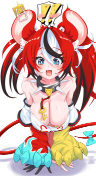 ! 1girl absurdres animal_ears asymmetrical_sleeves bare_shoulders black_hair blue_eyes blush bow breasts cheese collar dice_hair_ornament fang food hair_ornament hakos_baelz hakos_baelz_(1st_costume) hanging_breasts highres hololive hololive_english jewelry key key_necklace large_breasts mismatched_sleeves mouse_ears mouse_girl mouse_tail mousetrap multicolored_hair multicolored_skirt necklace nipples open_mouth pandora_box9 red_hair simple_background skirt spiked_collar spikes spoken_exclamation_mark streaked_hair surprised sweat tail tail_bow tail_ornament tongue twintails virtual_youtuber white_background white_hair