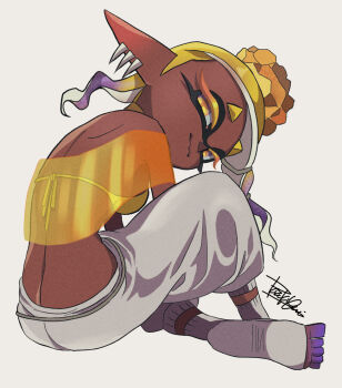 1girl blonde_hair breasts colored_eyelashes dark-skinned_female dark_skin earrings fangs frye_(splatoon) harem_pants inkling isamu-ki_(yuuki) jewelry long_eyelashes long_pointy_ears looking_back multiple_earrings narrowed_eyes nintendo pants pointy_ears see-through_clothes see-through_shawl shawl signature smile solo splatoon_(series) splatoon_3 tentacle_hair toeless_socks tooth_earrings white_background yellow_eyes yellow_shawl