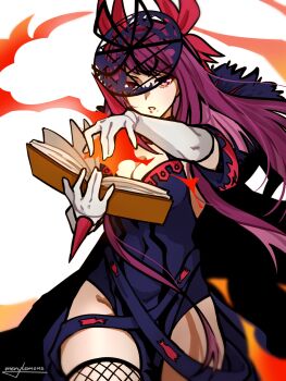 1girl bare_shoulders book breasts cleavage fascinator fire_emblem fire_emblem_engage highres holding holding_book ivy_(fire_emblem) large_breasts long_hair looking_at_viewer merylemons nintendo open_book purple_eyes solo