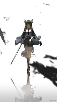 1girl absurdres animal_ears arknights bang_dream! bang_dream!_it's_mygo!!!!! brown_hair brown_shoes brown_socks collared_shirt commentary expressionless full_body grey_hair grey_jacket grey_shorts high-waist_shorts highres holding holding_sword holding_weapon jacket jacket_on_shoulders kneehighs loafers looking_at_viewer necktie open_clothes open_jacket parted_lips red_necktie reflective_floor shenwanjia shirt shirt_tucked_in shoes shorts simple_background socks solo straight-on sword tail twitter_username weapon white_shirt wolf_ears wolf_girl wolf_tail yahata_umiri yahata_umiri_(lupo)