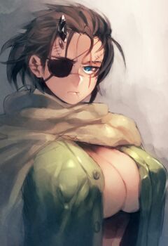 Rule 34 | big boss, blue eyes, breasts, brown hair, cleavage, eyepatch, genderswap, genderswap (mtf), metal gear (series), metal gear solid, metal gear solid v: the phantom pain, norasame (dagako), open clothes, open shirt, ponytail, scar, scar on face, scarf, venom snake