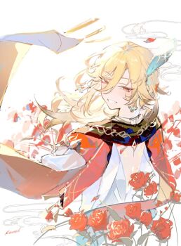 1boy appleboneeee back_cutout blonde_hair blush braid cape character_name chinese_commentary clothing_cutout commentary_request earrings falling_petals feather_hair_ornament feathers floating_hair flower genshin_impact glint gold_earrings grin hair_between_eyes hair_ornament jewelry kaveh_(genshin_impact) long_hair long_sleeves looking_at_viewer looking_back male_focus petals puffy_long_sleeves puffy_sleeves red_cape red_eyes red_flower red_rose rose shirt simple_background smile solo tassel white_background white_shirt x_hair_ornament