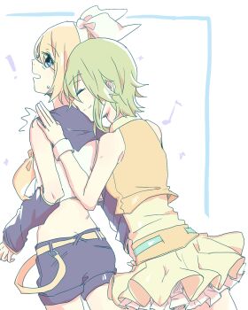 ! 2girls black_sailor_collar black_shorts blonde_hair blue_eyes commentary_request cropped_shirt green_hair green_vest gumi kagamine_rin looking_at_another multiple_girls musical_note neckerchief sailor_collar shirt short_hair shorts skirt surprised sweatdrop vest vocaloid white_shirt wounds404 yellow_neckerchief yellow_skirt
