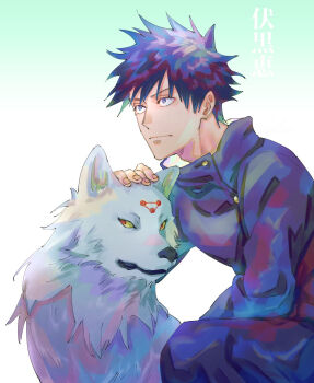 Rule 34 | 1boy, black hair, blue background, blue eyes, closed mouth, commentary request, facial mark, fushiguro megumi, gradient background, gyokuken, highres, jujutsu kaisen, jujutsu tech uniform, shiraumi8351, spiked hair, squatting, white background, wolf