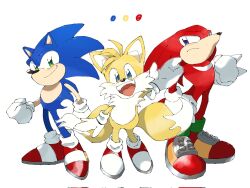 Rule 34 | 3boys, animal ears, blonde hair, blue eyes, blush, fox ears, fox tail, frown, furry, gloves, gradient eyes, green eyes, hedgehog ears, kayama yosi (yosiyosi), knuckles the echidna, looking at viewer, male focus, multicolored eyes, multiple boys, multiple tails, open mouth, shoes, smile, sonic (series), sonic the hedgehog, standing, tail, tails (sonic), two tails, waving, white background