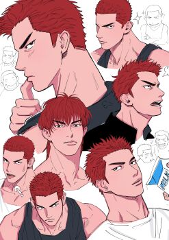 1boy ? absurdres alternate_hairstyle bare_shoulders black_shirt black_tank_top closed_mouth commentary drink_carton highres holding holding_milk_carton looking_at_viewer looking_to_the_side male_focus milk_carton multiple_views open_mouth pyogopyogoyum red_hair sakuragi_hanamichi shirt short_hair simple_background slam_dunk_(series) sweatdrop symbol-only_commentary tank_top white_background white_shirt