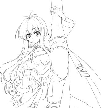 Rule 34 | 1girl, arch bishop (ragnarok online), breasts, cleavage, cleavage cutout, clothing cutout, commentary request, cross, feet out of frame, frilled thighhighs, frills, greyscale, large breasts, leg lift, leg up, lineart, long hair, looking at viewer, masaya ichika, monochrome, panties, ragnarok masters, ragnarok online, sash, simple background, solo, split, standing, standing on one leg, standing split, thighhighs, underwear