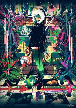 1girl angel angel_wings boots feet green_hair halo highres hood hoodie jacket long_sleeves looking_at_viewer magatan nature original plant short_hair solo tagme white_halo wings