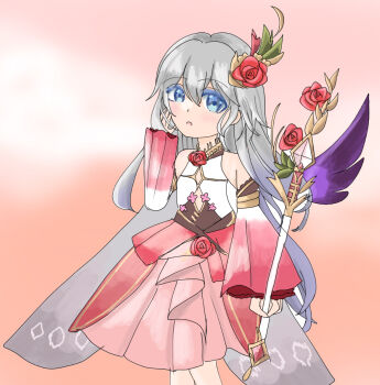1girl blue_eyes grey_hair grimms_notes holding holding_wand long_hair looking_at_viewer parted_lips rose_fairy_unfan_(grimms_notes) rouge_bonheur_(grimms_notes) solo standing user_jevj4572 wand
