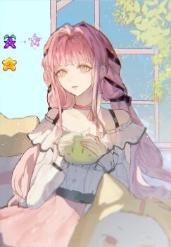 1girl absurdres ahoge animal apple arm_cutout artist_name bare_shoulders bed belt black_belt black_bow black_ribbon blue_sky bow bow_choker bowtie bra_strap brown_eyes buttons cat center_frills choker clothed_animal clothing_cutout collarbone constellation creature crossover ear_covers expressionless eyelashes food food-themed_creature frilled_shirt frilled_sleeves frills fruit green_apple hair_bow hair_ribbon hanging_plant high-waist_skirt highres holding holding_creature hood hood_up indoors infinity_nikki layered_skirt light_particles lips liyue573 long_hair long_sleeves looking_ahead momo_(nikki) night night_sky nikki_(nikki) nikki_(series) off-shoulder_shirt off_shoulder perfect_start_(infinity_nikki) pink_bow pink_bowtie pink_choker pink_hair pink_skirt pleated_skirt puffy_long_sleeves puffy_sleeves ribbon shirt sidelocks single_stripe skirt sky sleeves_past_wrists snowflake_print snowflakes solo_focus star-shaped_pillow star_(sky) stardew_valley starry_sky striped_bow striped_bowtie striped_choker striped_clothes teeth tress_ribbon very_long_hair whimstar_(infinity_nikki) white_cat white_shirt window yellow_hood