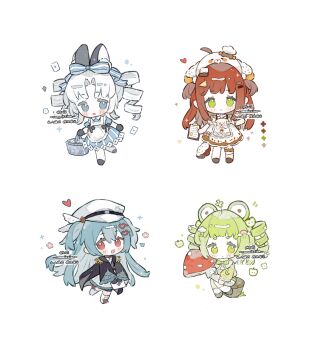 4girls :d absurdres animal_ears basket bear_ears bear_girl black_gloves black_shoes blue_bow blue_dress blue_eyes blue_hair blunt_bangs blush_stickers boots bow bowtie brown_shoes chibi chibi_only closed_mouth commission double-parted_bangs dress drill_hair frilled_sleeves frills full_body gloves green_bow green_bowtie green_eyes green_hair hair_between_eyes hair_bow hat heart highres holding holding_basket long_hair long_sleeves looking_at_viewer multiple_girls open_mouth original pantyhose parted_bangs rabbit_ears rabbit_girl red_eyes red_hair shoes short_hair short_sleeves simple_background smile socks standing standing_on_one_leg striped_bow striped_clothes striped_dress thick_eyebrows twin_drills vertical-striped_clothes vertical-striped_dress watermark white_background white_boots white_hair white_hat white_pantyhose white_socks wide_sleeves zhixiao