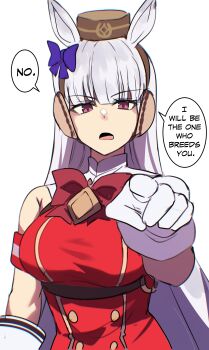 1girl absurdres animal_ears blunt_bangs breasts commentary dress english_text foreshortening gloves gold_ship_(red_strife)_(umamusume) gold_ship_(umamusume) grey_hair highres hinghoi horse_ears horse_girl large_breasts long_hair looking_at_viewer open_mouth pillbox_hat pointing pointing_at_viewer red_dress simple_background sleeveless sleeveless_dress solo speech_bubble umamusume upper_body very_long_hair white_gloves