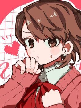 1girl blush blush_stickers bow bowtie brown_eyes brown_hair cardigan choker closed_mouth collared_shirt commentary earrings grid_background hand_up heart heart_choker highres huksan0615 jewelry looking_at_viewer pearl_earrings persona persona_3 pink_cardigan pink_nails pixel_heart red_bow red_bowtie ribbed_cardigan shirt short_hair sleeves_past_wrists solo sweatdrop takeba_yukari upper_body white_choker white_shirt
