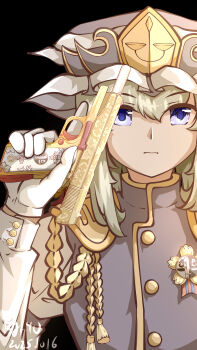 1girl absurdres black_background blue_eyes buttons chinese_commentary closed_mouth commentary_request epaulettes expressionless frilled_hat frills gloves gold_weapon green_hair grey_hat grey_vest gun handgun hat highres holding holding_gun holding_weapon looking_at_viewer m1911 medium_hair pzgr.40 shiki_eiki simple_background solo touhou trigger_discipline upper_body vest weapon white_gloves