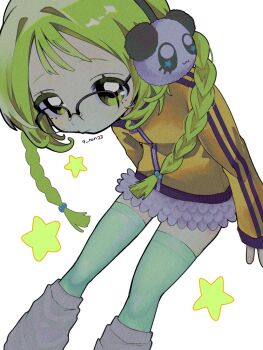 1girl 9_ron23 beads black_hairband black_trim braid closed_mouth feet_out_of_frame green_eyes green_hair green_thighhighs hair_beads hair_ornament hairband highres jacket leaning_forward leg_warmers long_sleeves looking_at_viewer medium_hair mole mole_under_each_eye mole_under_eye multiple_moles original panda_hair_ornament semi-rimless_eyewear simple_background skirt sleeves_past_wrists solo star_(symbol) thighhighs track_jacket twin_braids twitter_username white_background white_leg_warmers white_skirt yellow_jacket zipper