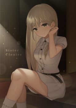 Rule 34 | 1girl, absurdres, belt, blonde hair, character name, earrings, eyelashes, female focus, highres, indoors, jewelry, light particles, long hair, looking at viewer, nijisanji, sister claire, sister claire (3rd costume), sitting, solo, stud earrings, virtual youtuber, yellow eyes, yoshihiro12190
