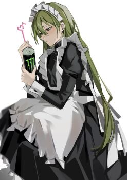 1boy apron black_dress brown_eyes can crazy_straw crossdressing crossdressing_(mtf) dress drinking_straw energy_drink eyebrow_cut frilled_apron frills green_hair green_nails heart_straw highres holding holding_can holding_drinking_straw lobotomy_corporation long_dress long_hair maid maid_headdress male_focus male_maid monster_energy mu46016419 netzach_(project_moon) project_moon simple_background sitting solo trap very_long_hair white_apron white_background