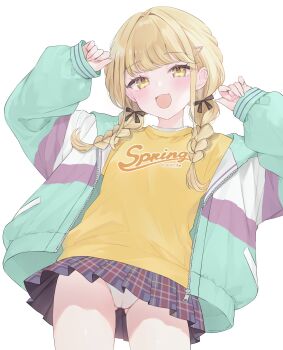 1girl :d black_ribbon black_skirt blonde_hair blush braid braided_twintails cameltoe clothes_writing commentary_request fang fingernails from_below fujita_kotone gakuen_idolmaster gluteal_fold green_jacket hair_ornament hair_ribbon hairclip hands_up highres hood hood_down hooded_jacket idolmaster jacket long_hair long_sleeves looking_at_viewer looking_down low_twintails miniskirt multicolored_jacket open_mouth panties plaid_clothes plaid_skirt poyamapoko puffy_long_sleeves puffy_sleeves purple_jacket ribbon shirt simple_background skin_fang skirt smile solo swept_bangs t-shirt twintails underwear white_background white_jacket white_panties yellow_eyes yellow_shirt zipper zipper_pull_tab