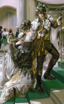 1girl 2boys absurdres alternate_costume ascot black_boots black_bow black_gloves black_hair black_jacket black_pants boots bow cane closed_mouth clothes_lift commentary dress dress_lift female_rover_(wuthering_waves) geshu_lin_(wuthering_waves) gloves hair_bow highres holding holding_cane jacket knee_boots lluluchwan long_dress long_hair looking_at_another multiple_boys pants people ponytail qiuyuan_(wuthering_waves) rover_(wuthering_waves) white_ascot white_dress wuthering_waves